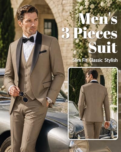 Image of MY'S Mens 3 Piece Tuxedo Set with Bow Tie, Shawl Lapel One Button Jacket Vest & Pants, Slim Fit Suit Prom Party Wedding Tux
