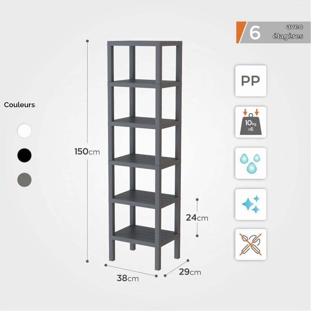 sugodesign OMBEG Étagère flexible à 6 niveaux en plastique - Capacité de charge de 10 kg par niveau - Montage sans outil - Pour salle de bain, cuisine, bureau - Noir