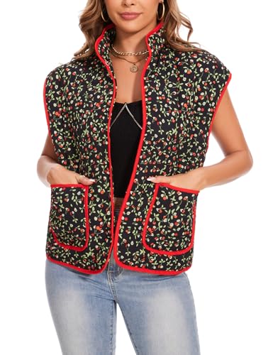 Women's Cropped Puffer Quilted Vest Cardigan Floral Printed Jacket Lightweight Open Front Short Padded Coats2