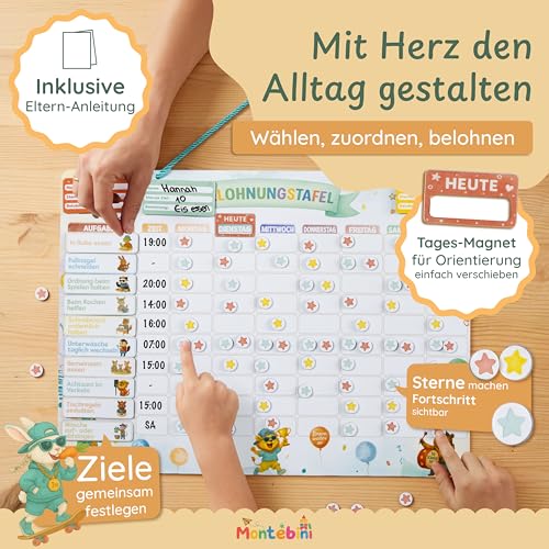 Montebini Belohnungstafel für Kinder|Magnetisches Belohnungssystem|100 Aufgaben|300 Sterne|Wochenplan|abwischbar|Montessori-Konzept|3-12 Jahre|umfangreiches Zubehör