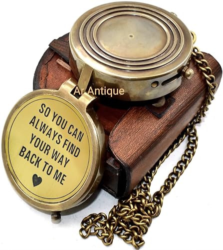 Brújula de bolsillo vintage de latón 'Para que siempre puedas encontrar el camino de regreso a mí' - Brújula náutica antigua con estuche de cuero, regalo romántico para esposo, novio, aniversario, boda y larga distancia miniatura 2