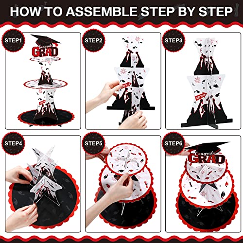 Graduation Cupcake Holder Decoration 3 Tier Congrats Grad Party Cupcake Stand Tower Cardboard Graduation Theme Dessert Stand For Graduation Party Supplies Favors (Red And Black) #TOP3