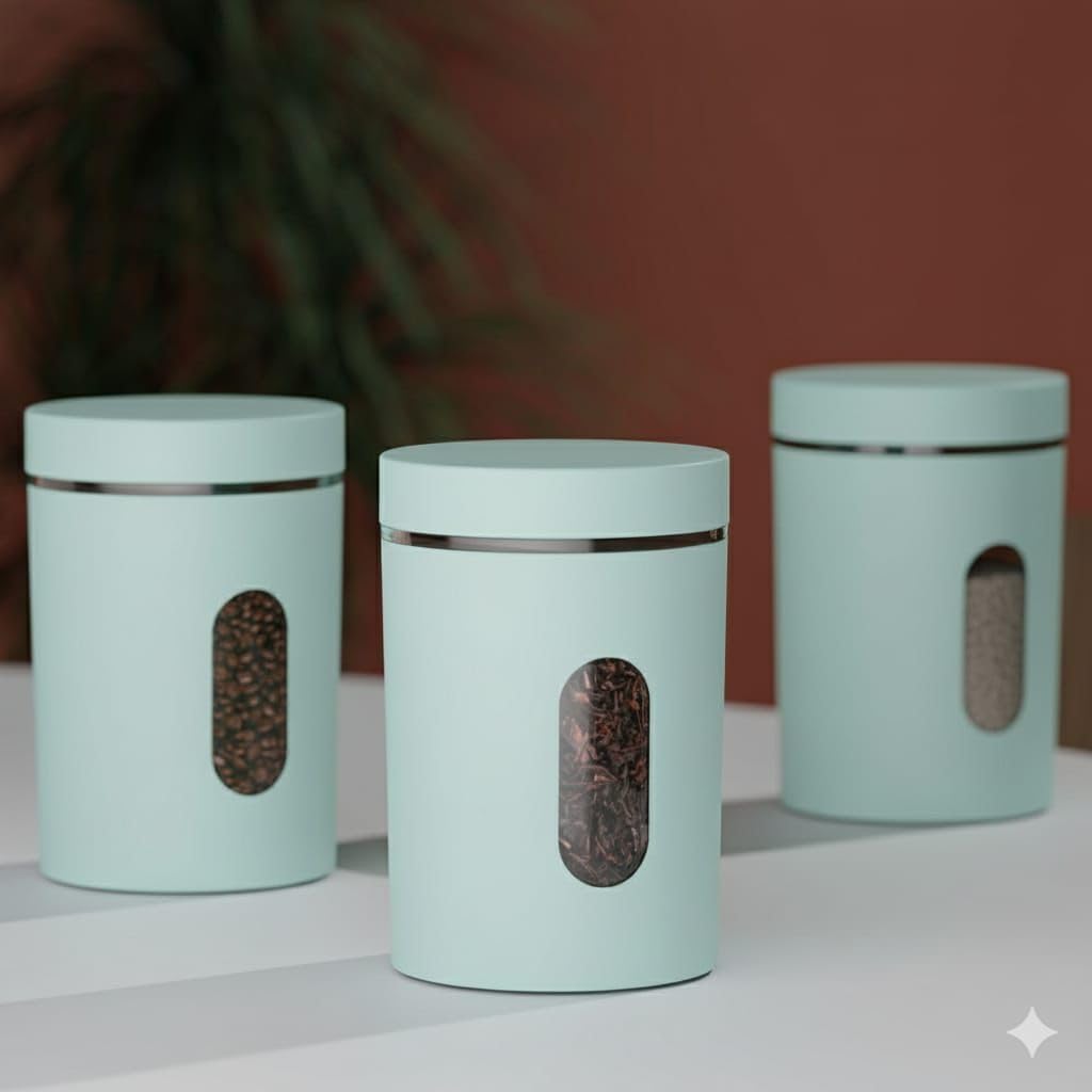 3 Piece Kitchen Storage Canisters Set, 700ml, Beige Plastic with Viewing Window, Airtight Lids for Coffee Tea Sugar, Modern Style, Peach (Sky Blue)