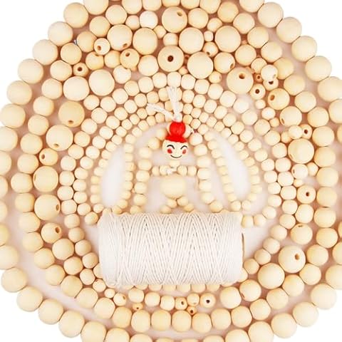 Wooden Beads for Crafts, ZesNice 1000 pcs Wood Beads Bulk for Garland Macrame Christmas Tree Decor Supplies in 8mm 10mm 12mm 16mm 20mm with 100m Cotton Rope Cover