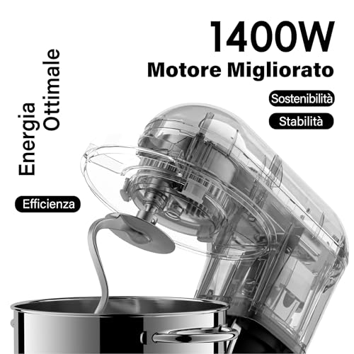 Kitchen in the box Impastatrice Planetaria, 7,5 Litri Impastatrice Professionale 1400W, 6 Velocità con Uncino Impastatore, Mescolatore e Frusta Sbattitrice (Nero) - immagine 4