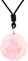 Rockcloud Hand-Carved Rose Quartz Flower Crystal Pendant Necklace for Women - Adjustable Rope, Healing Stone Jewelry