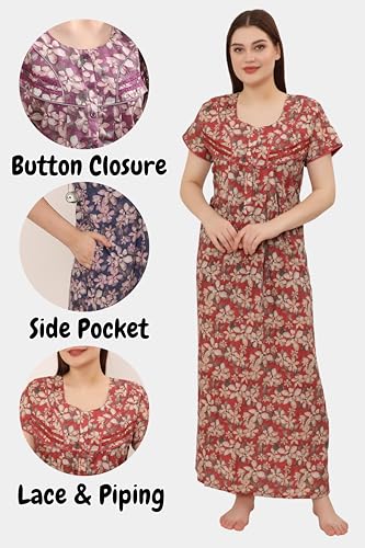 Image of GLAMORAS Bizzy Lizzy Cotton Nighty Gown with Side Pocket for Women | Regular, Digital Printed & Full Length Maxi Night Gown | Night Wear Maxi Gown for Women | Size: M-2XL