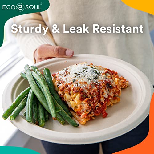 Eco Soul 100% Compostable 10 Inch Paper Plates [100-Pack] Disposable Party Plates I Heavy Duty Eco-Friendly Sturdy Dinner Plates Disposable I Biodegradable Unbleached Sugarcane Eco Plates #TOP4