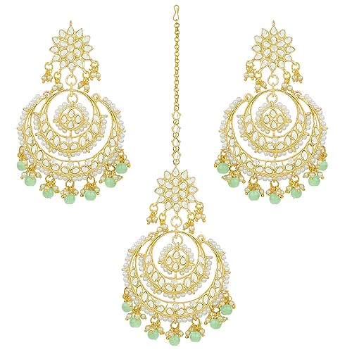 Image of Peora Traditional Jewellery Rhodium Kundan & Pearl Maang Tikka Earring Set for Women Girls