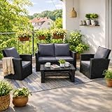 LANOX Poly Rattan Gartenlounge Set Sitzgruppe Garten Balkon Lounge Set Balkonmöbel Set 4-TLG., 2-Sitzer Sofa Sessel Couchtisch Auflagen Kissen Terrassenmöbel Wetterfest für 4 Personen