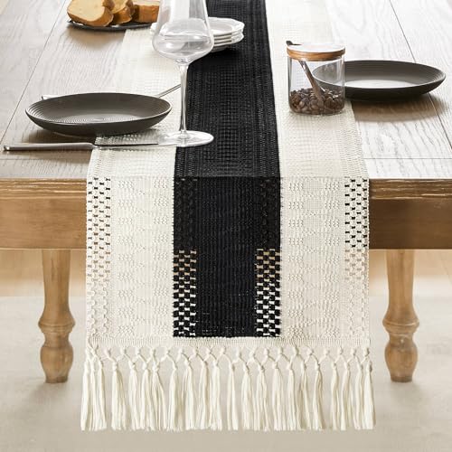 Image of ZeeMart Macrame Style Bicolor Stitching Table Runner, 14 x 36 Inch Black /Ivory, Boho Table Runners 36 Inches Long, Farmhouse Woven Home Decor