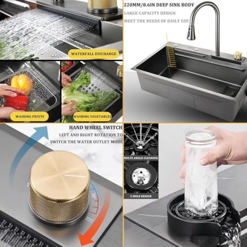 Évier de cuisine en acier inoxydable avec robinet cascade et accessoires