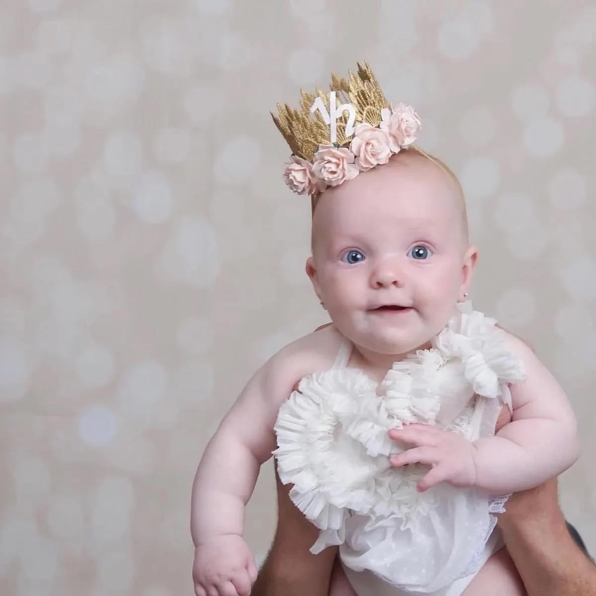 LOVECRUSH Crowns Pink Half Birthday Party Crown - 1/2 Gold Birthday Hat, Flower Crown Baby, Photo Prop, 6-Month B-day Party Outfit, Cake Smash Accessory