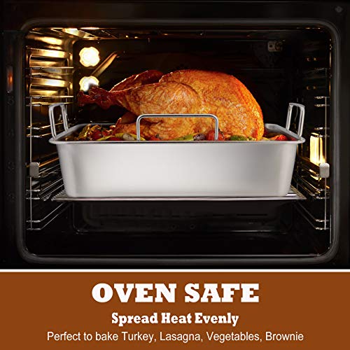 Roasting Pan With Rack, P&P Chef 14 Inch Stainless Steel Roaster Lasagna Pan & V-Shaped Rack & Roasting Rack, Non Toxic & Heavy Duty, Brushed Surface & Dishwasher Safe, Rectangular #TOP3