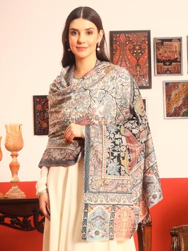 Image of Pashmoda Women Guldasta Fine Wool Fabric Pashmina Kalamkari Embroidered Shawl (Size: 40x80in, 101x203cm)