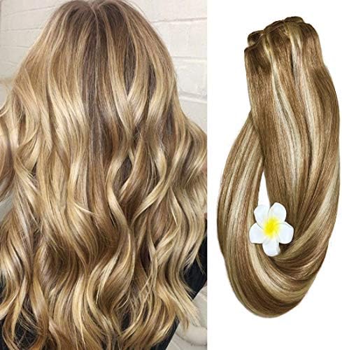 Clip in Hair Extensions Real Human Hair Extensions 14" 16" 18" 20" 7 PCS Full Head Silky Straight 70g Remy Hair (20", 6/613)