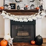 Craflox Neutral Halloween Garland Ghost Decor, Halloween Garland for Mantle, 6.6Ft Cute Spooky Wooden Beads Decorations for Home Indoor, Handmade Banner for Wall Hanging Ornaments