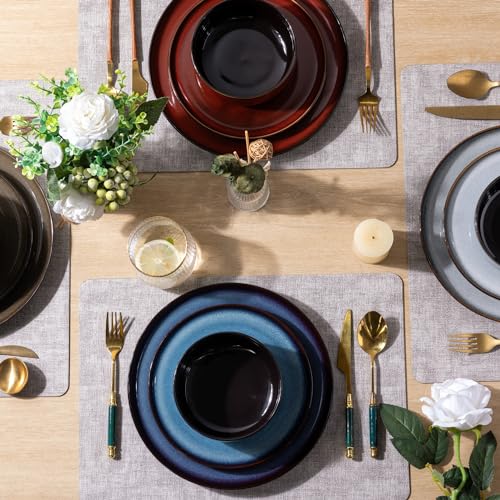 Image of LeRatio Ceramic Dinnerware Sets for 6,Porcelain Plates and Bowls Sets,Handmade Reactive Glaze Dishes Set,Chip Resistant and Scratch Resistant | Oven&Dishwasher & Microwave Safe)-Colorflu(18PCS)