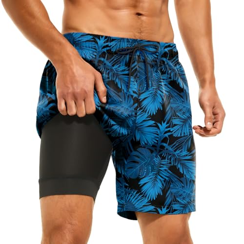 HMIYA Badehose Herren 2 in 1 Badeshorts Schwimmhose Schnelltrocknend Kurz Boardshorts mit Kompression und Reißverschlusstaschen(Tiefblaues Palmen XL)