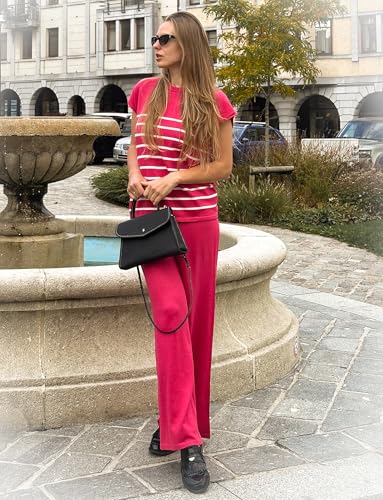 Image of Ekouaer Striped Lounge Set 2 Piece Sweater Matching Outfits Travel Knit Clothing Sets for Women