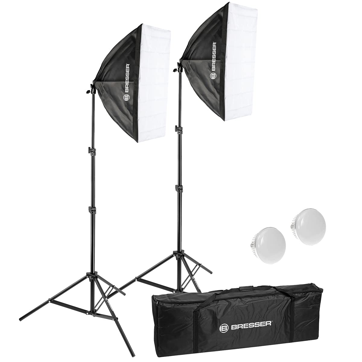BRESSER BR-225B - Set di luci diurne a LED | 2 lampade LED da 50 W, 5500 K, CRI oltre 85, diffusori, stativi fino a 180 cm, borsa, ritratto, prodotto e video