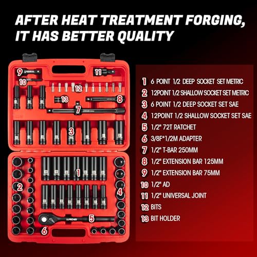 Image of LLNDEI 72 Piece 1 /2 Inch Drive Socket Set, 6 & 12 Point Impact Sockets, Deep & Shallow Sockets, Cr-V Steel, Metric & SAE, Including Extension Bars, Ratchet Handle, Adapters, Universal Joint, Bits Set