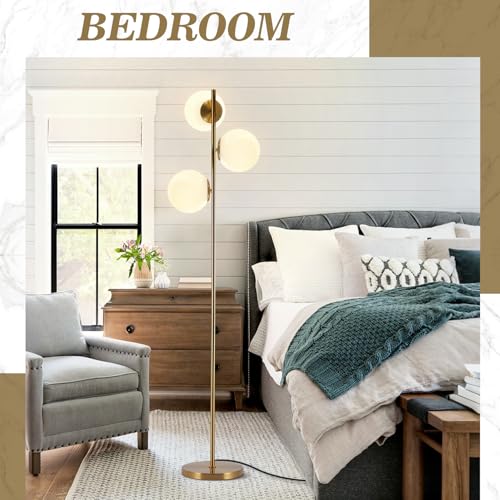 Image of BOKT Modern Gold Floor Lamps Mid Century 3-Light Globe Standing Lamp Tall Pole Floor Light with Frosted Glass Contemporary Adjustable Floor Lamp for Living Room Reading Bedroom