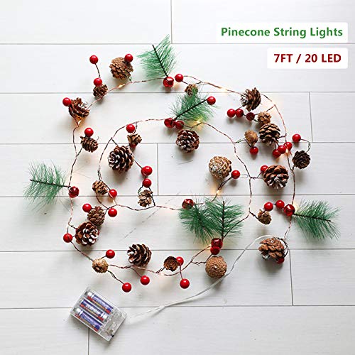 Christmas Led String Lights With Battery Operated, 7Ft 20 Leds Garland With Pine Cone, Red Berry, Bell, Fairy Lights Extendable For Indoor, Outdoor, Party, Christmas Decorations (Pinecone) #TOP1