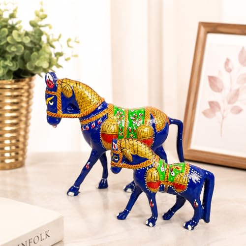 Image of eCraftIndia Handcrafted Blue Horse Pair Decorative Showpiece Set of 2 for Home Decor | Traditional Rajasthani Hand-Painted Horse Figurines | Tabletop, Shelf & Living Room Decoration