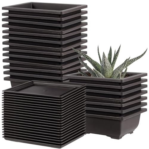 20 Pack Black Plastic Bonsai Training Pots with 20 Trays, Rectangular Planters, 6.5 Inches