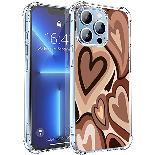 shoppera for Cute Brown Love Heart iPhone 13 Pro Max Cases, Trendy Brown Love Heart Painting Art Coffee Latte Swirls Valentines Phone Case for Women Girl,Soft TPU Cool Bumper Cover Case for iPhone