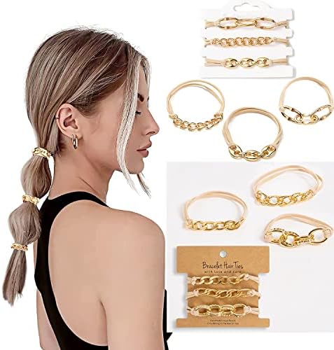 Gold Bracelet Hair Ties With Gold Elastics Hair Ties- 6 PCS Gold Hair Ties, Bracelet Hair Ties for Women, Cute Hair Ties Looks Awesome On Your Wrist and Hairs -Hair Elastic Bracelet that Holds Thick Thin Hairs- Valentines Day Gifts