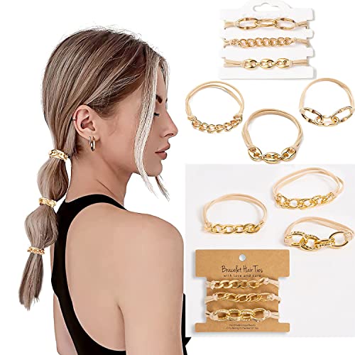 Gold Bracelet Hair Ties With Gold Elastics Hair Ties- 3 Pcs Gold Hair Tie Bracelet, Bracelet Hair Ties For Women, Cute Hair Ties Looks Awesome On Your Wrist And Hairs -Hair Tie Bracelets That Holds Thick Thin Hairs- Valentines Day Gifts #TOP4