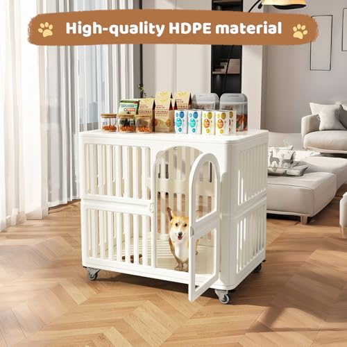 Acrylic Dog Crate Indoor with Wheels 34x 23x 30,Cute Plastic Easy Cleaning Pet Play Pen for Puppy Small Medium Dogs Playpen,White Houses Kennel - Image 3