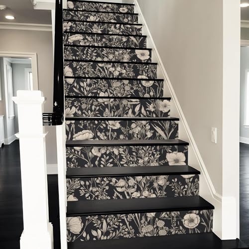 REDAMANCY Black Beige Wildflowers Boho Vintage Peel and Stick Vinyl Stair Riser Decals Staircase Tile Stickers Decor Modern Marble Decoration Self-Adhesive(14 Pcs)