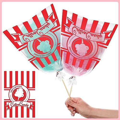 Image of Geyee 500 Count Cotton Candy Bags with Ties Large Clear Cotton Candy Bags with Stripe Print, Perfect for the Carnivals Summer Party Kitchen Supplies 17.7 x 11.8 Inch