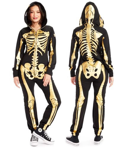 Tipsy Elves Halloween Skeleton Costume for Women - Comfy Easy Adult Onesie Jumpsuit - Front and Back Print with Zip Up Mask