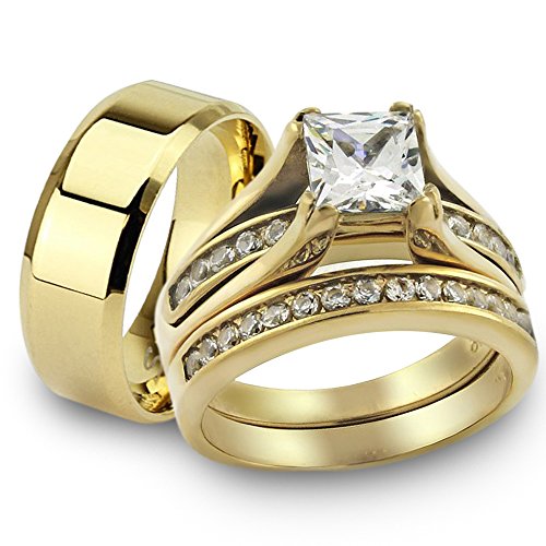 Marimor Jewelry Her and His 14K Gold Plated Stainless Steel 3 Piece Wedding Engagement Ring and Men's Band Set Women's Size 11 Men's 06mm Size 05