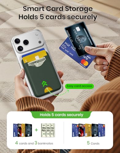 Image of Magnetic Wallet Green Vegan Leather Upgraded for MagSafe Wallet, 5 Card-Holder, for iPhone, with Adjustable Stand, for iPhone 16 /15 /14 /13 /12 Series, Not for Mini, Ultra-Slim