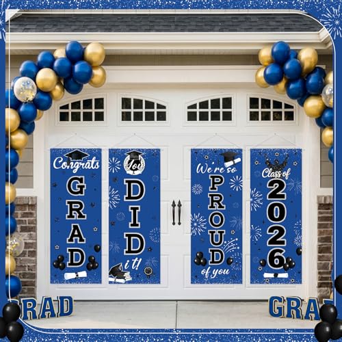 Image of Panelee 4 Pcs Black Blue Graduation Party Decorations 2026 Congrats Grad Porch Banners Class of 2026 Hanging Banner Backdrop for Classroom School Doorway Indoor Outdoor Wall Hanging Decor