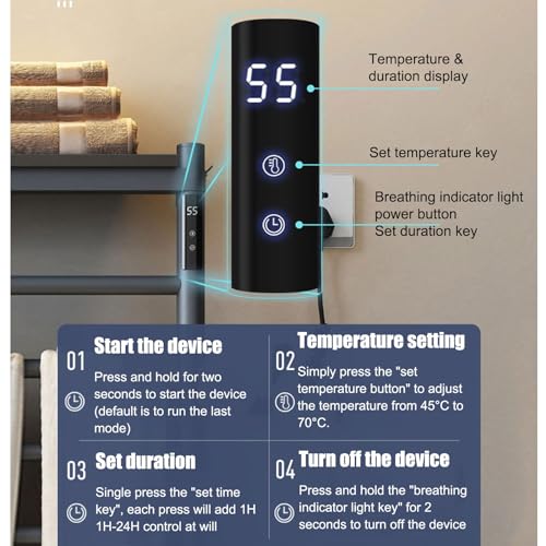 Sèche-serviettes chauffant en acier inoxydable durable avec programmation LCD