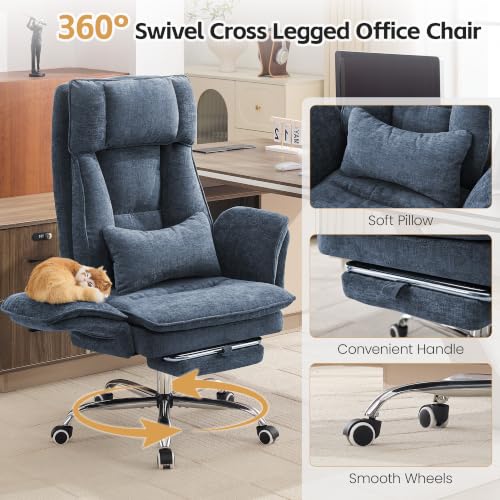 Image of HUBSON Big and Tall Office Chair, Footrest & Flip Armrest for Pets, Blue | Executive Ergonomic Criss Cross Chair, Reclining High Back Desk Chair, Chenille Swivel Computer Chair with Lumber Pillow