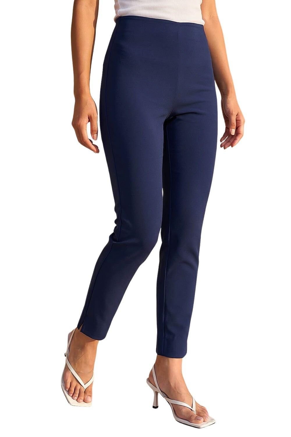 Roman Originals Women's Petite Navy (26 In) Stretch Trousers For Uk High Waisted Pants Pull On Leggings Smart Slimming Office Work Fitted Tailored Tapered Regular & Plus Sizes - Size 18
