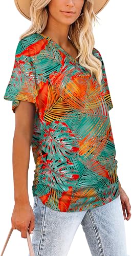 Image of WIHOLL Womens Summer T-Shirts Short Sleeve V Neck Dolman Tops with Side Shirring Loose Fit Shirts Spring Fashion