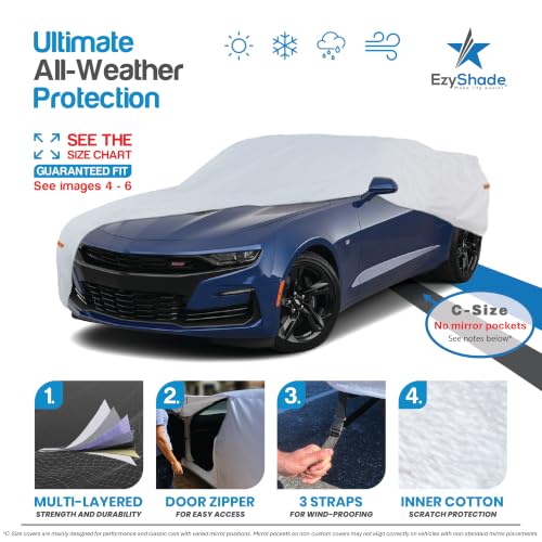 Image of EzyShade Multi-Layer Waterproof Sports Car Cover - See Vehicle Size-Chart - Outdoor Full Exterior Covers for Automobiles - Camaro Challenger Firebird GTO Classic Cars. Size C5 (See SizeChart)