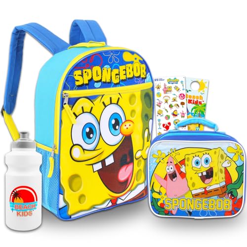 SpongeBob SquarePants Backpack with Lunch Box Set - Bundle with 16' Spongebob Backpack, Spongebob Lunch Bag, Water Bottle, Stickers, More | Spongebob School Bag for Kids
