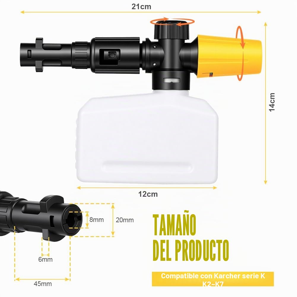 HOTUT Lanza de Espuma para Kärcher K2 K3 K4 K5 K6 K7, 400ml Cañón de Espuma de Nieve, Ajustable Lanza de Jabonadura Dispensador Accesorio, Accesorio de Lavado de Coche Compatible para Kärcher Serie K