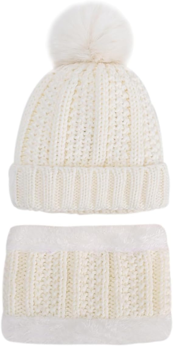 Holibanna Winter Knitted Hat and Scarf for Boy Girl Warm Beanie with Neckerchief for Boys and Girls Cute Thick Fleece Lined Design White