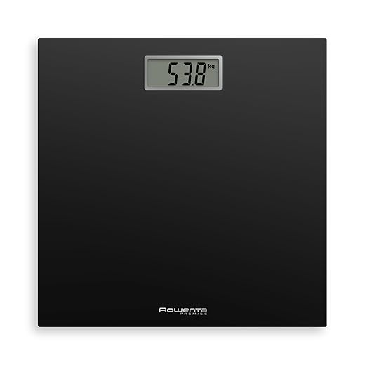 Rowenta BS1400 Premiss - Báscula de baño con Pantalla LCD, de diseño fino de 2cm de alto, hasta 150 kg y 100 gr de precisión, encendido y apagado automático, Negro