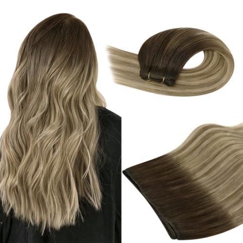 Image of Ugeat Weft Hair Extensions Human Hair, Real Hair Extensions Sew in 14 Inch 80g, Hair Weft Extensions, Chocolate Brown Balayage Medium Brown Mix Bleach Blonde
